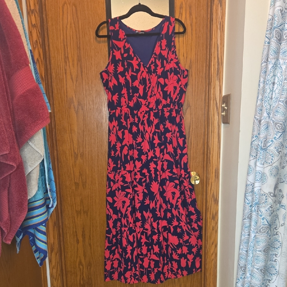 Elegant Floral Midi Dress - Navy and Coral